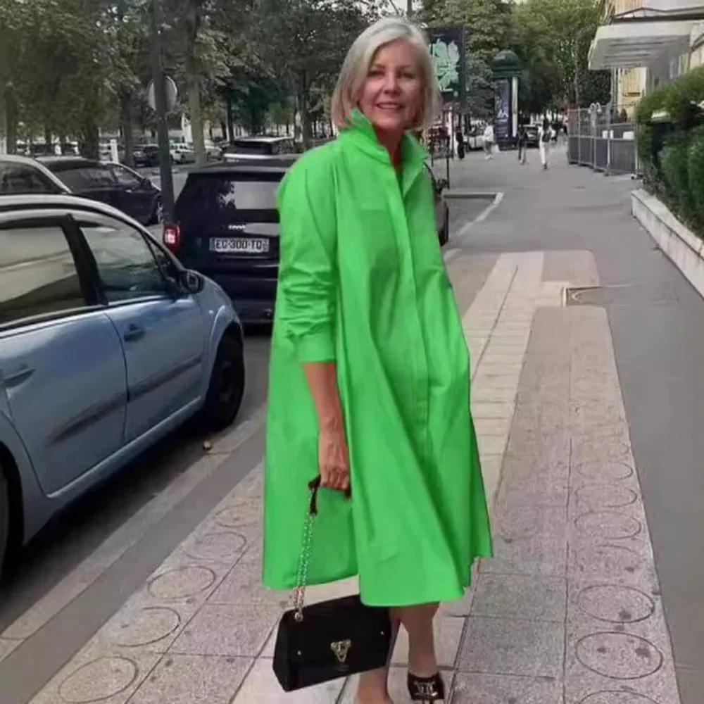 Vestidos ผู้หญิงชุดยาวสีทึบหลวม Fit Turndown COLLAR Elegant Splice ปุ่มอารมณ์เสื้อชุด 2025 สบายๆ