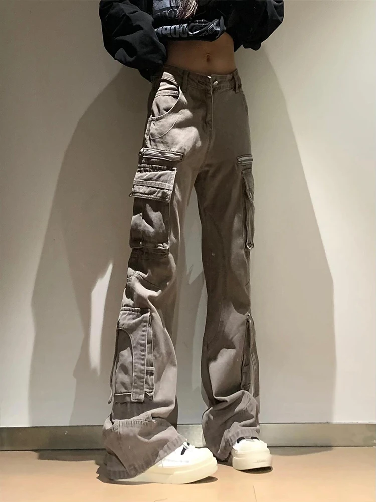 

Американские ретро-джинсы-карго с множеством карманов, женские, в уличном стиле, свободного прямого кроя, в пол