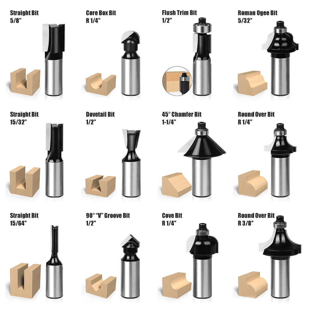 12 Piece 1/2 Shank Wood Milling Cutter Set Black Wood Engraving Machine / Trimming Machine Cutter Bit Set