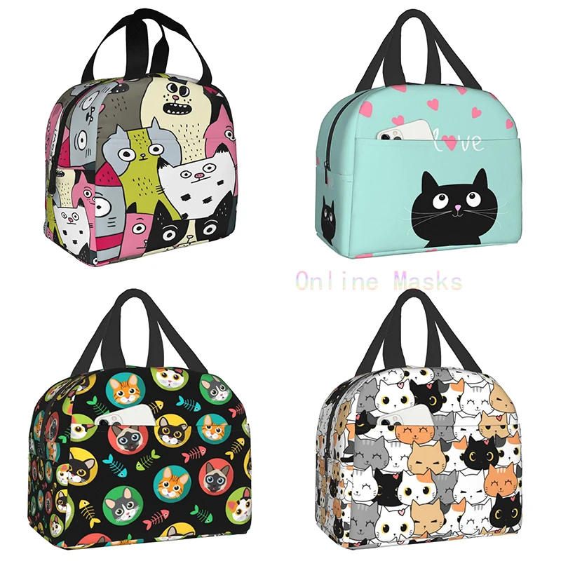 Cat Lunch Bag, Cute Kids Reusable Cooler Lunch Tote Bag Insulated Leakproof Lunch Box Container with Front Pocket for Girls Boys