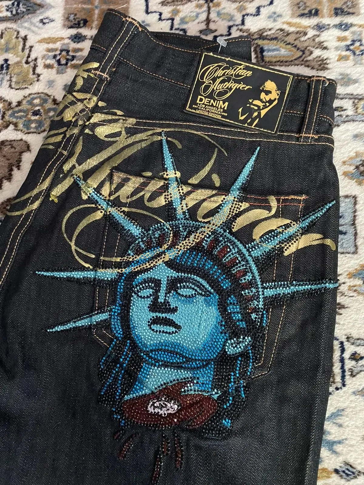 Y2k Vintage Statue of liberty Diamonds Jeans High Waist Straight Wide Leg Jeans Casual Denim Pants 2000s Loose Clothing