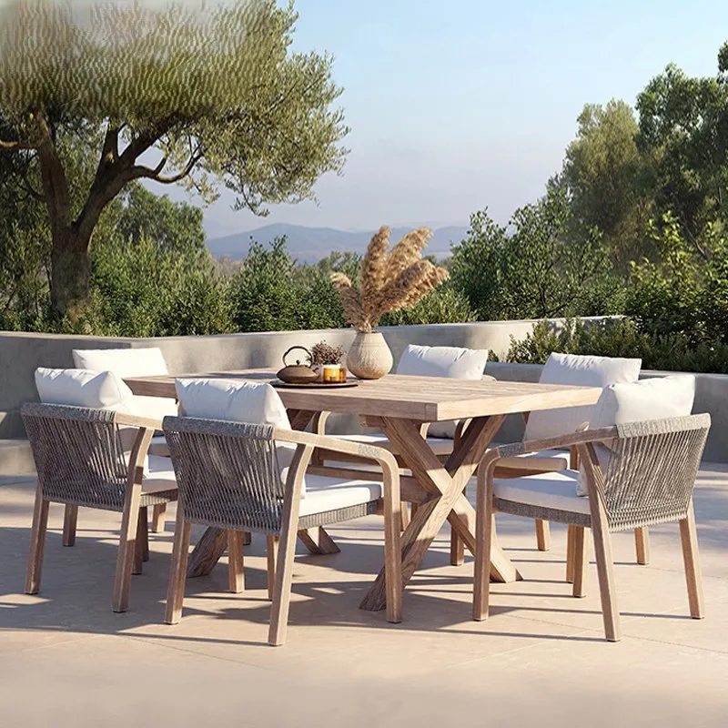 

！@Modern Outdoor Teak Table Chair Set Solid Wood Rattan Combination for Courtyard Garden Homestay Villa Waterproof Sun Protectio