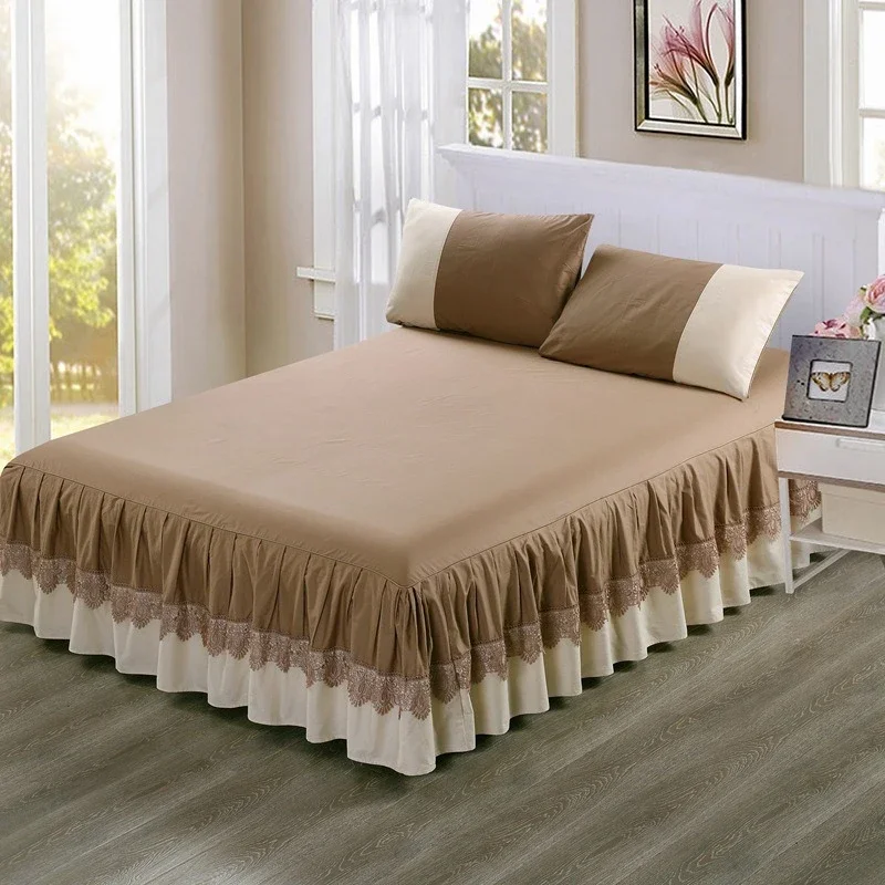 European Style Cotton Single Piece Bed Aprons Color Blocking Design Anti Slip Bed Skirts Detachable Washable Mattress Dust Cover
