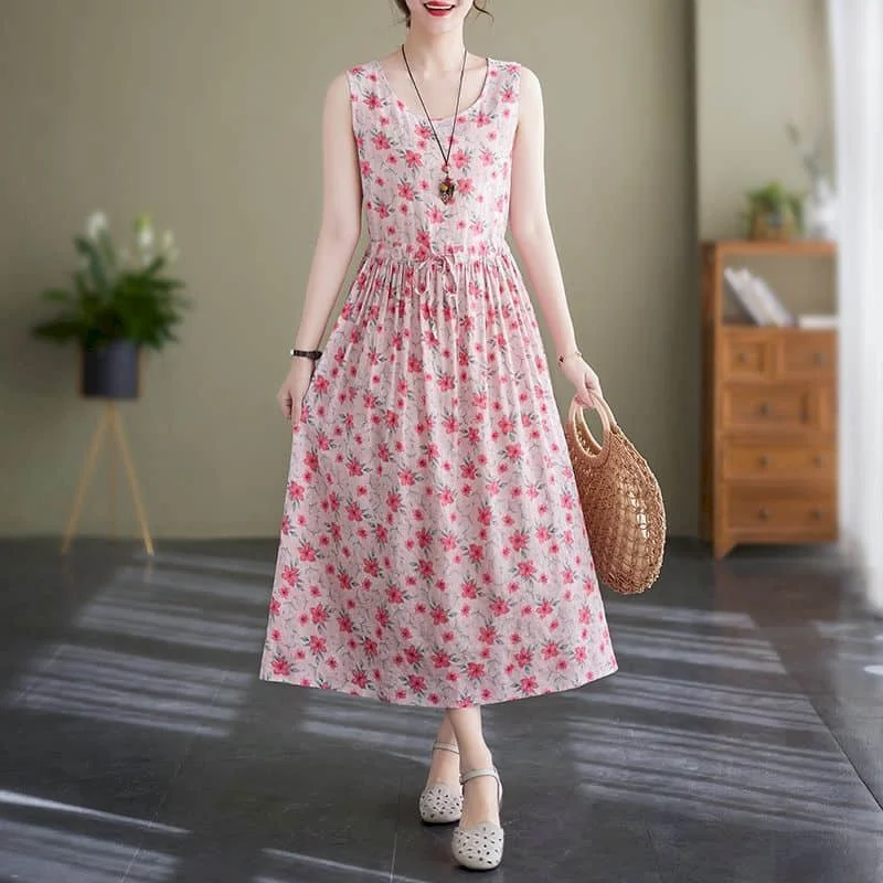 Women Dresses Cotton Linen Summer Vintage Pink Printed Sleeveless A-line Loose Korean Style Mid-Calf Dress for Women Clothing