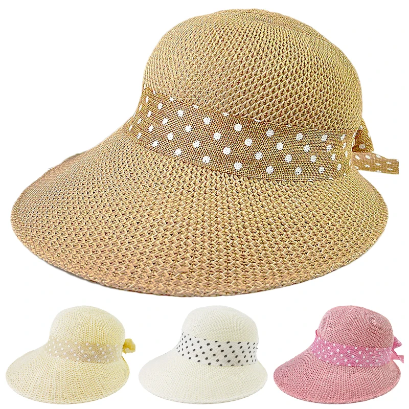 Wide Brim Bow Sun Visors for Women Dot Linen Bowknot Ribbon Knitted Hollow Panama Cap Girl Summer UV Protection Travel Beach Hat