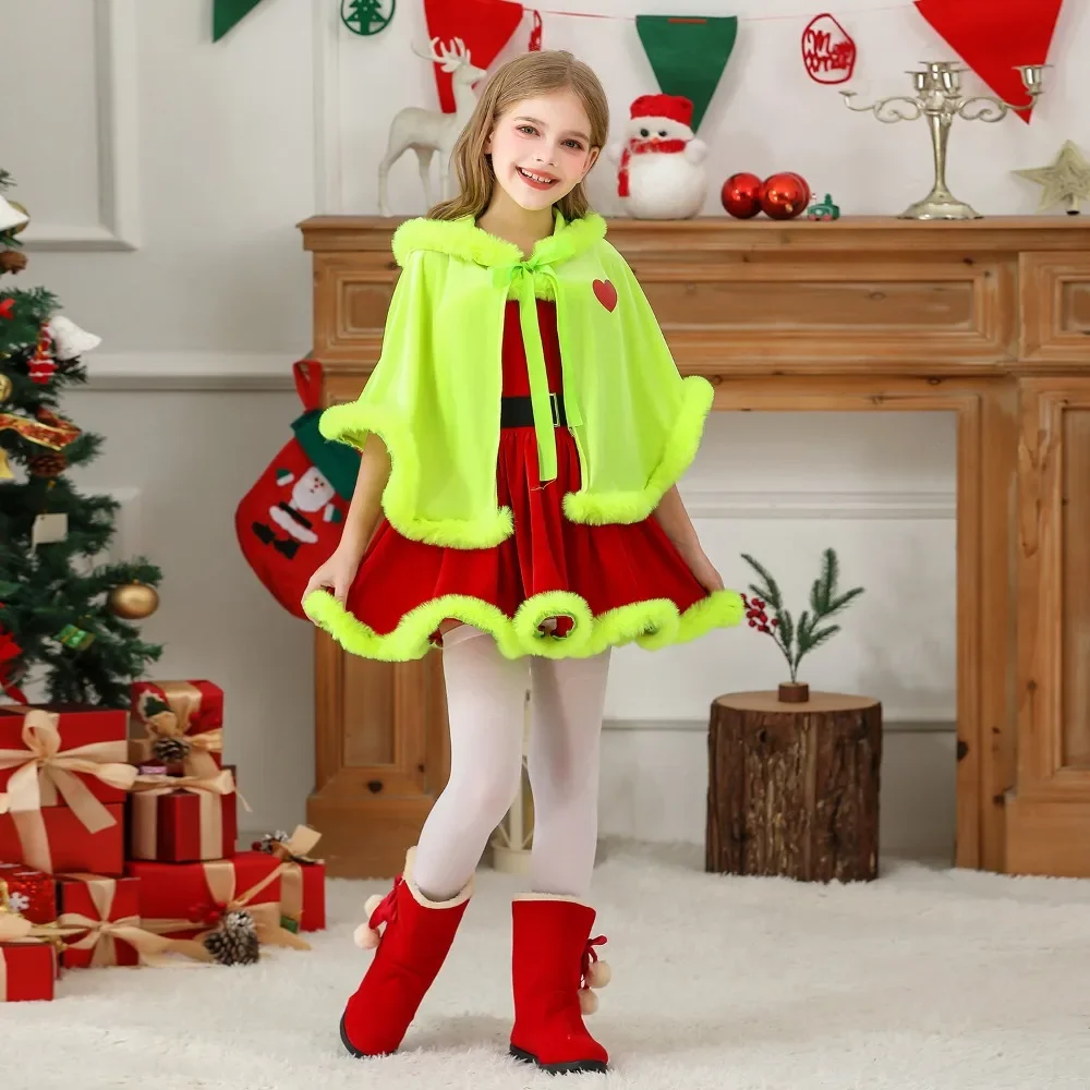 

Kid Elf Christmas Cape Xmas Girl Green Fur Hooded Cloak Christmas Cosplay Santa Outfit New Year Halloween Costume