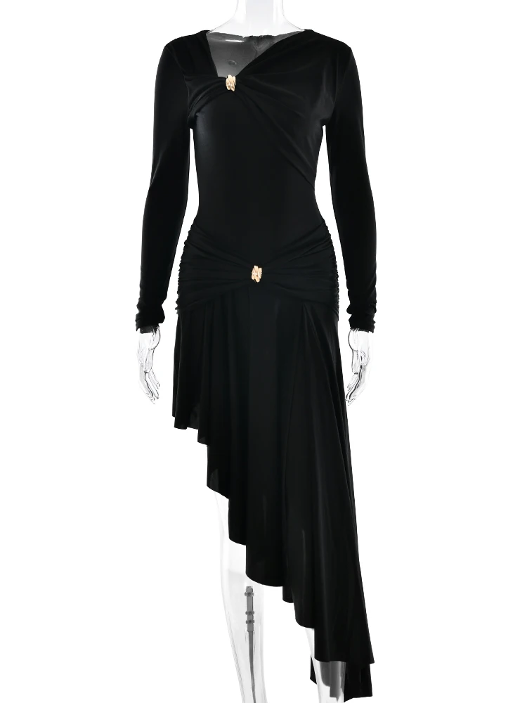 เดรสยาวทรงเอไลน์แขนยาว ดีไซน์ไม่สมมาตร คอเฉียง เอวสูง กระชับรูปร่าง  ชุดราตรีหรูหราสำหรับงานปาร์ตี้