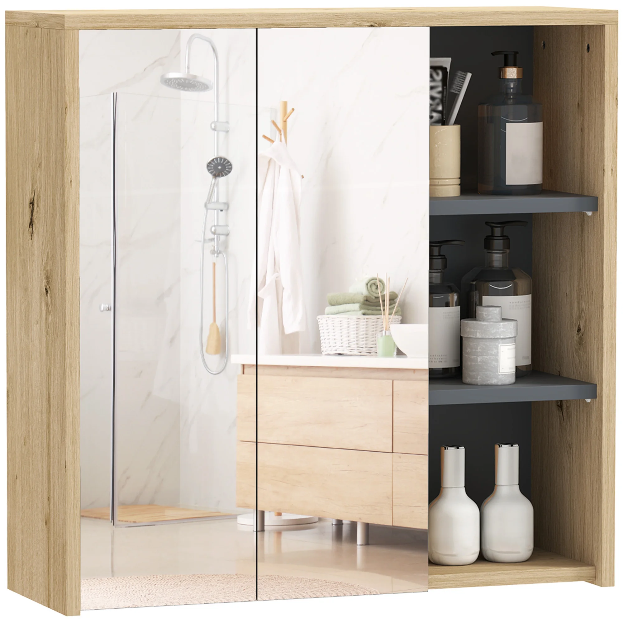 Homcom Meuble de salle de bain avec miroir Meuble de salle de bain avec miroir avec étagères Style moderne 60X20X60 cm Bois naturel