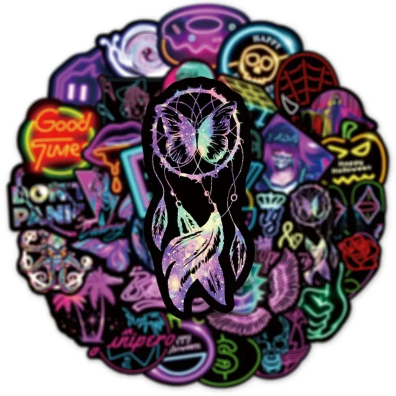 50 pçs moda estilo néon graffiti capacete da motocicleta adesivos à prova dwaterproof água bagagem traseira adesivos corpo do motor capa de risco adesivos