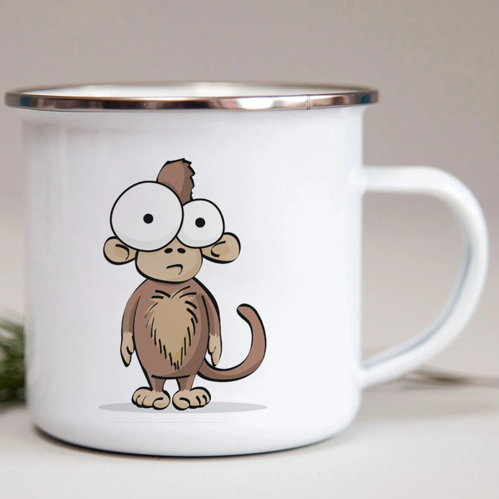 Mug Cartoon Monkey Printed Enamel Cup Gift for Children Metal Cup Coffee Travel Mug Kawaii Wholesale Cups to Sublimate Drinkware