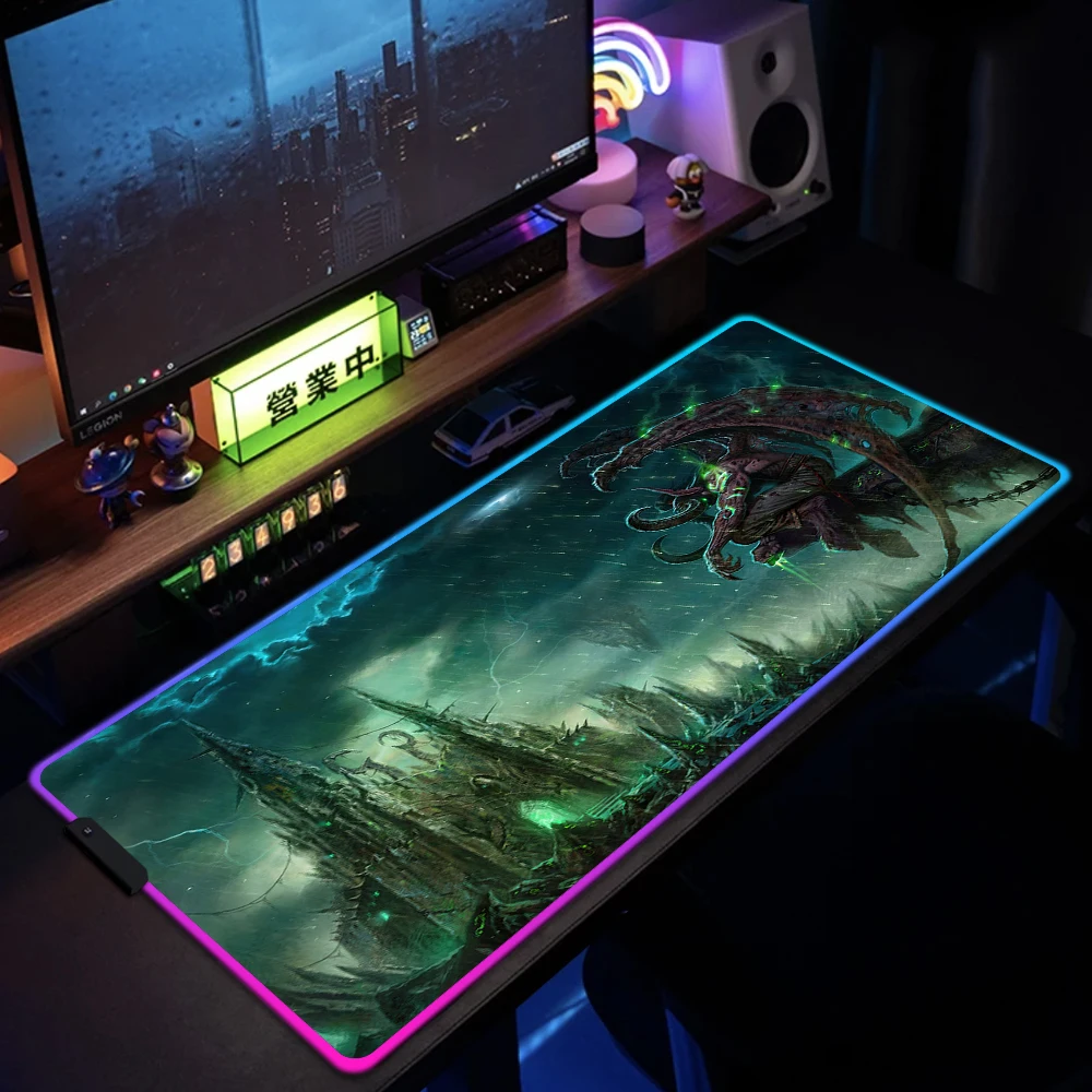 World Of Warcraft Illidan RGB Gaming Mouse Pad XXL Computer Gamer Large Led Mousepad Desktop Decoration WOW Desk Mat Wit Backlit