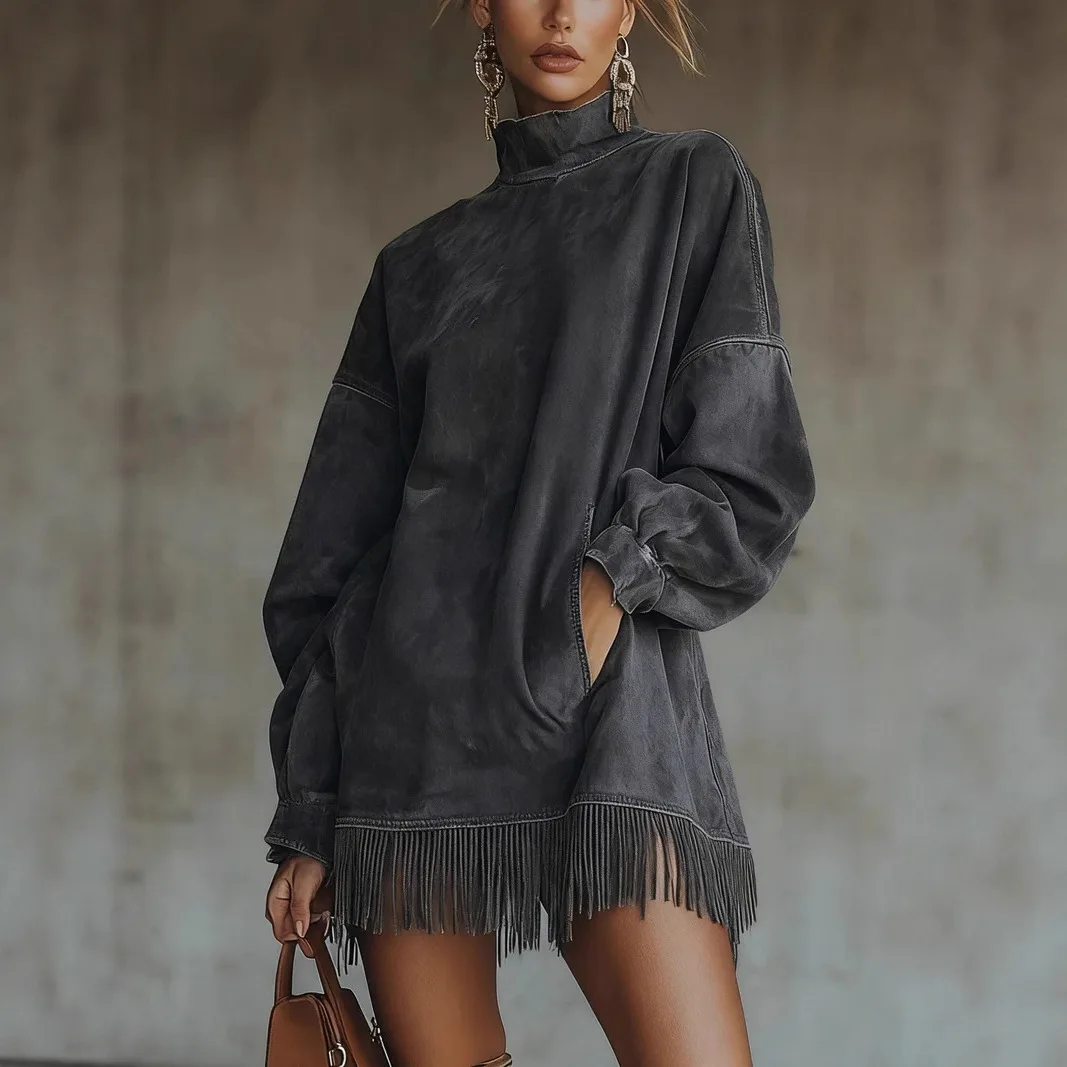 Retro High Neck Suede Dress Long Sleeve Fringe Pocket Dresses Spring Summer Loose Jumpsuit Playsuit