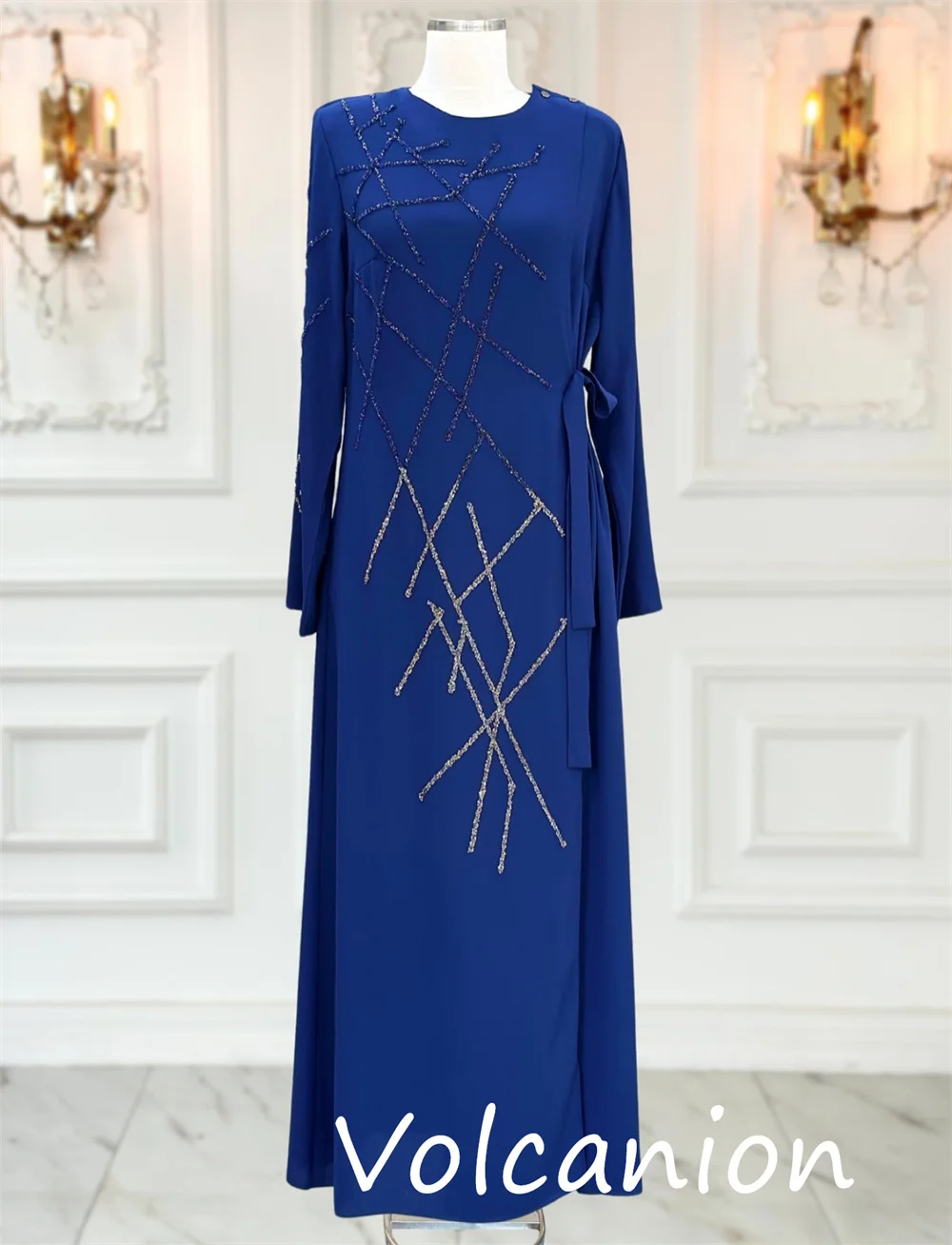 ที่กําหนดเองสไตล์จีน JERSEY Sequined Bow A-Line Scoop คอชุดยาว Bespoke โอกาสการจับคู่ง่าย
