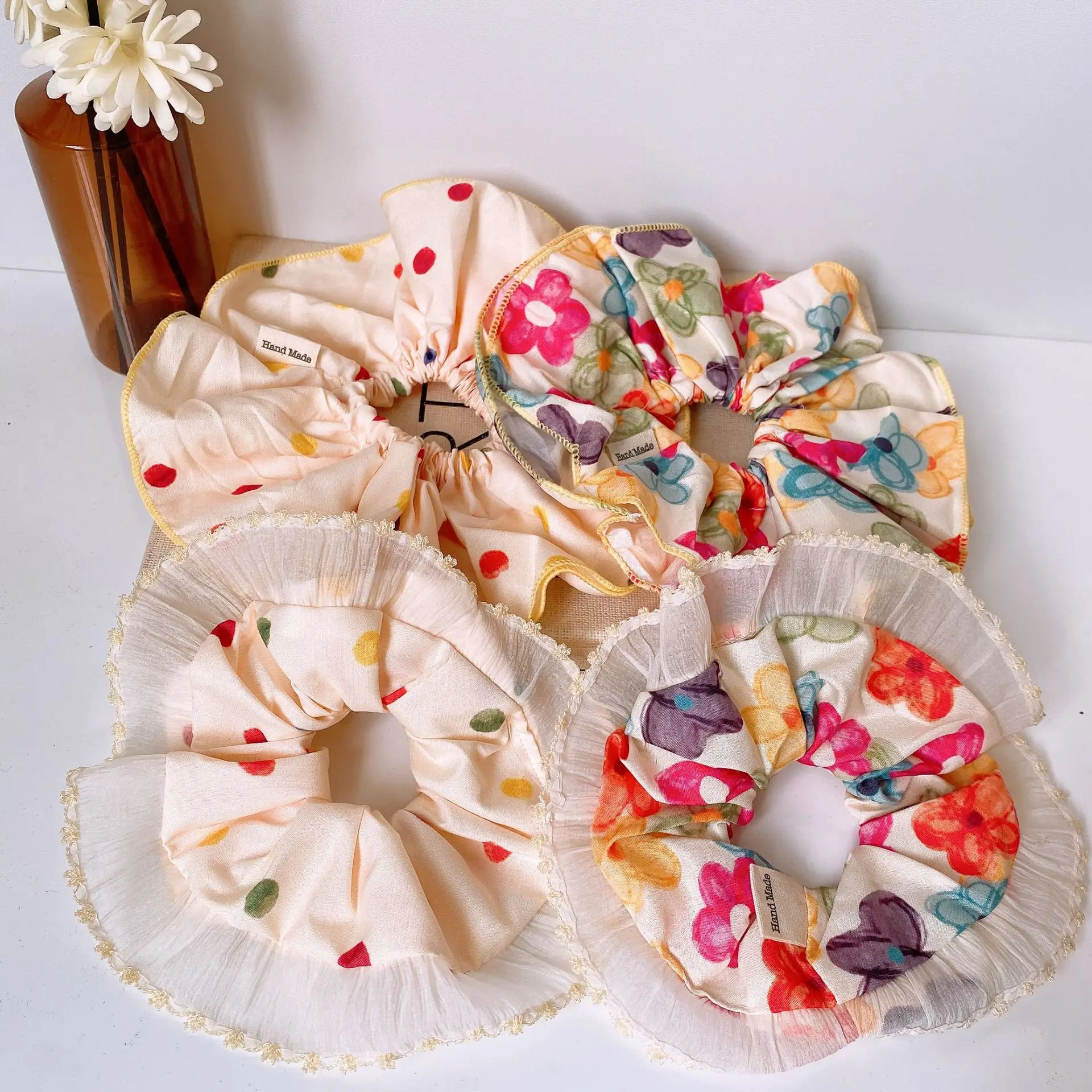 1 Stück Farbe Blumen Dickdarm Haarring, koreanische Spitze Polka Dot gebunden Haarseil, Kopfbedeckung Haarschmuck gebunden mit Kugelkopf