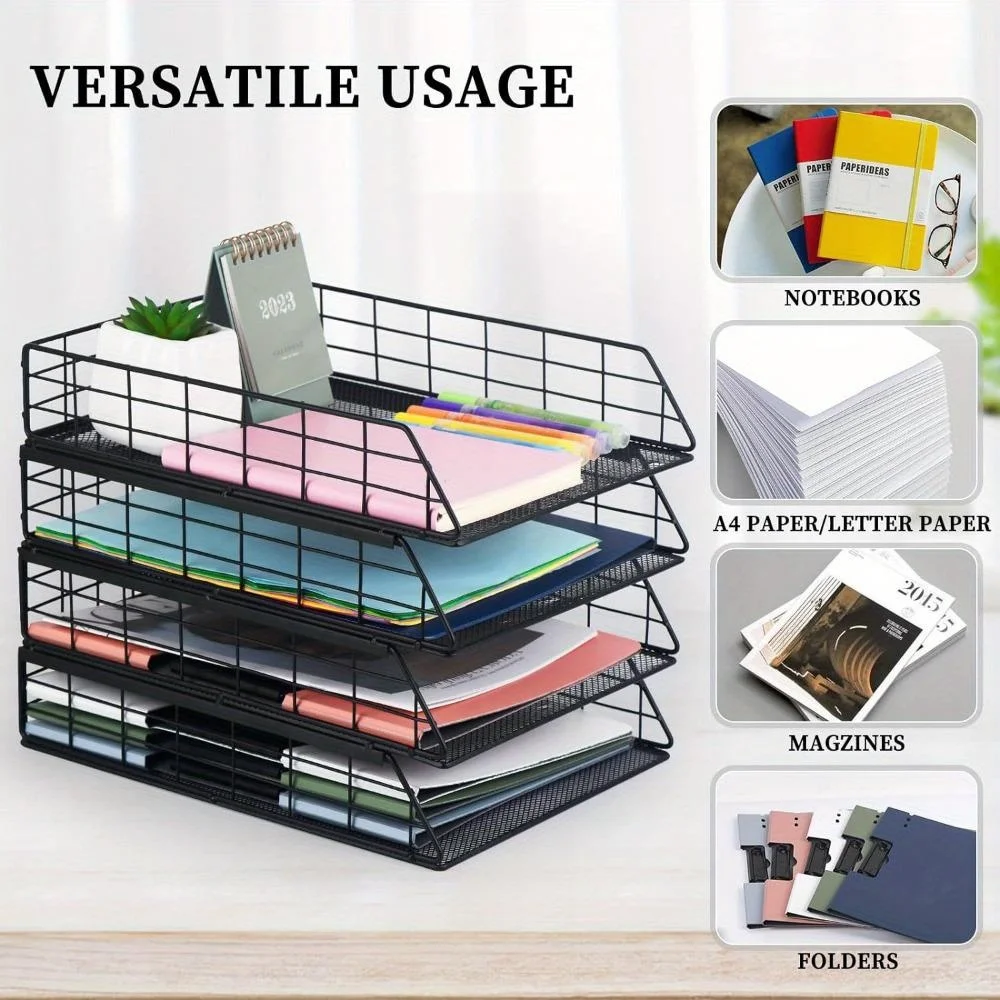 

1set 4 Floors Stackable Letter Tray Paper Organizer, Metal Desk Organizer Tray for Letter/A4 Paper Storage, Suitable for Office