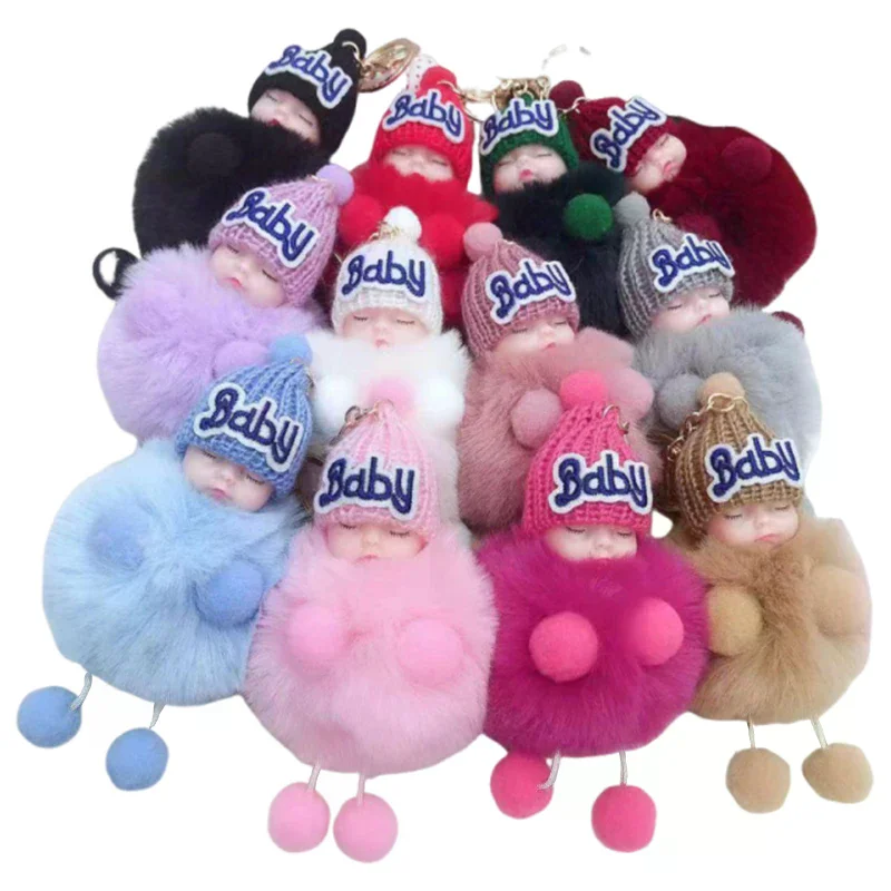 かわいい漫画の寝ている人形キーホルダー、ファーボールぬいぐるみキーホルダー、キーリング、女性用ハンドバッグ、車のキーホルダー、バッグペンダント、おもちゃ、子供へのプレゼント