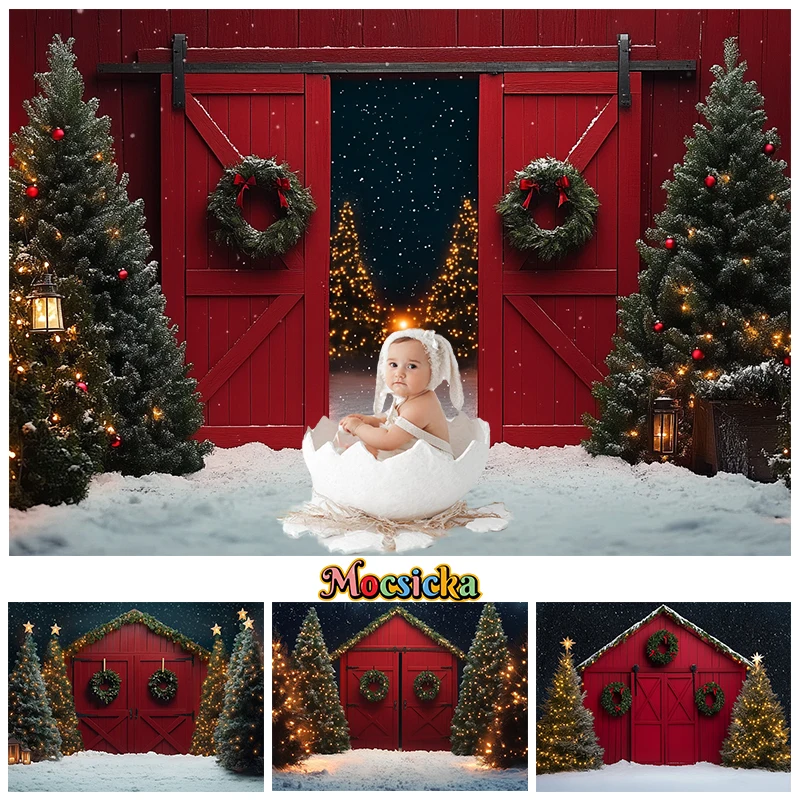 

Mocsicka Christmas Tree Background Photography Red Door Snow Wreath Gifts Kid Photo Backdrop Shooting Props Outdoor Decor Studio