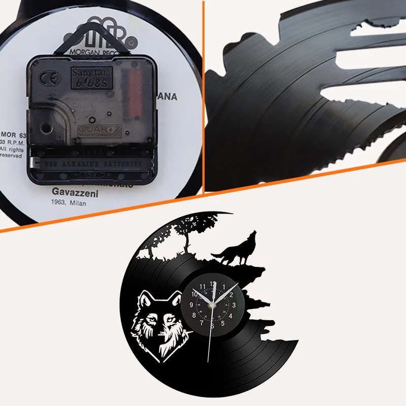 Roaring Wolf Vinyl Record Wall Clock Art Decoration Black Glue Record Design Clock Living Room Bedroom Home Decoration