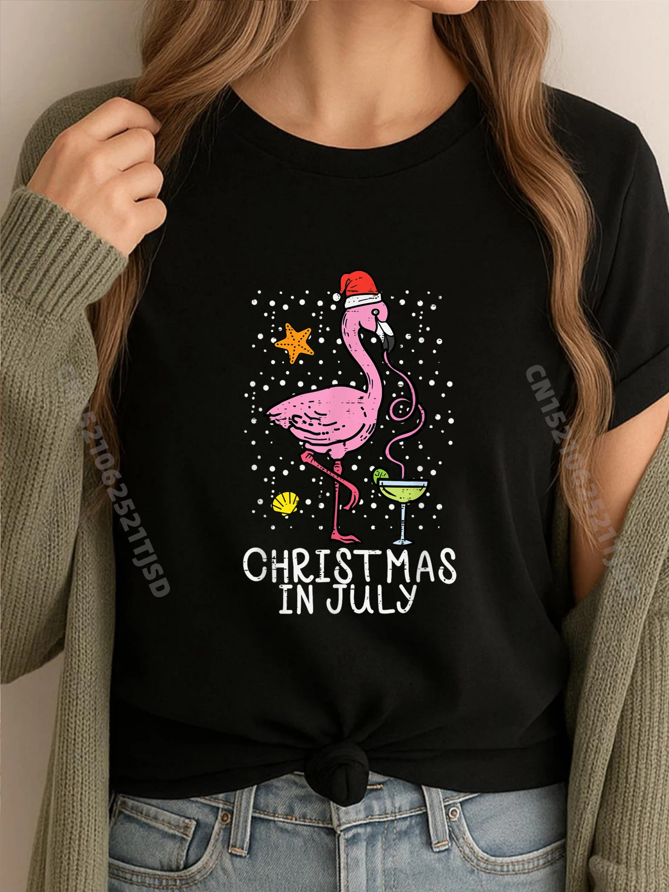 

Рождество в июле Фламинго Санта Лето Рождество Женские рубашки с рисунком Футболки с аниме Слоган