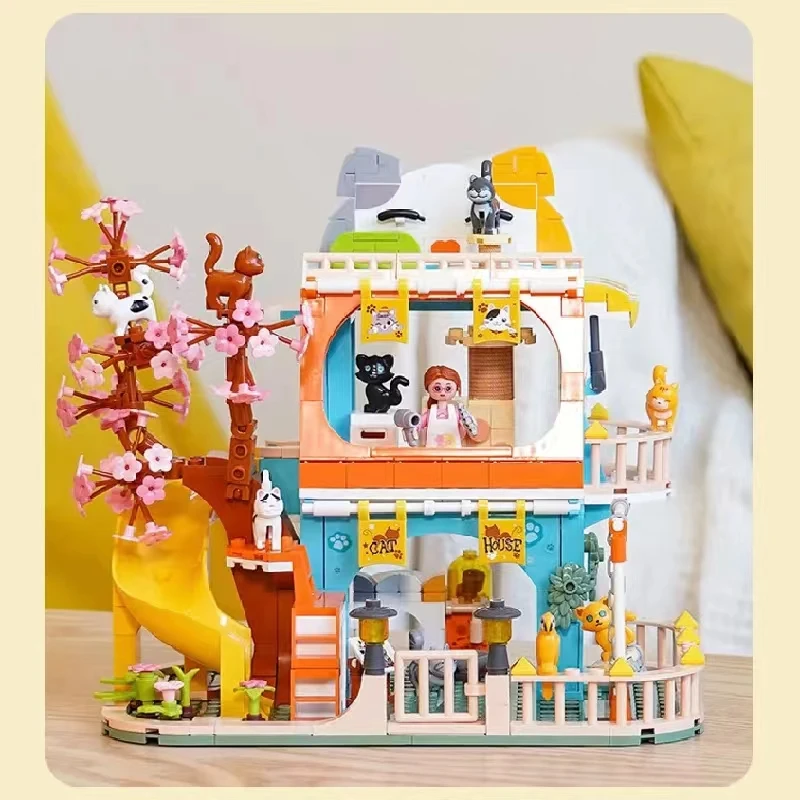 New Friends City Cat Hotel set Girl A-Frame Pet House Apartment Garden Villa Sakura Tree Building Blocks fai da te MOC Toy Kid Gift