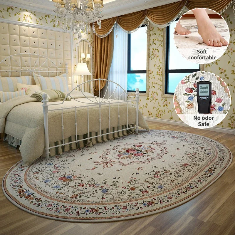 

European Pastoral Style style Living Room Carpets Oval Bedroom Bedside Rug Flower Printed Coffee Table Plush Floor Mats Alfombra