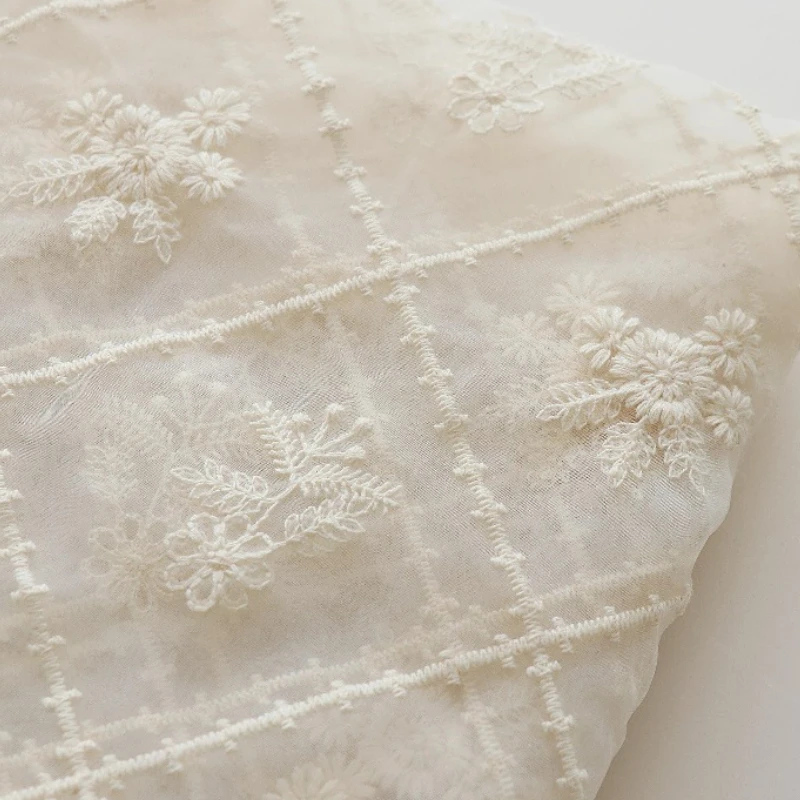 Nine Grid Floral Embroidery Organza Fabric Beige Dress Half Skirt Sun Protection Clothing DIY Tablecloth Decorative Fabric
