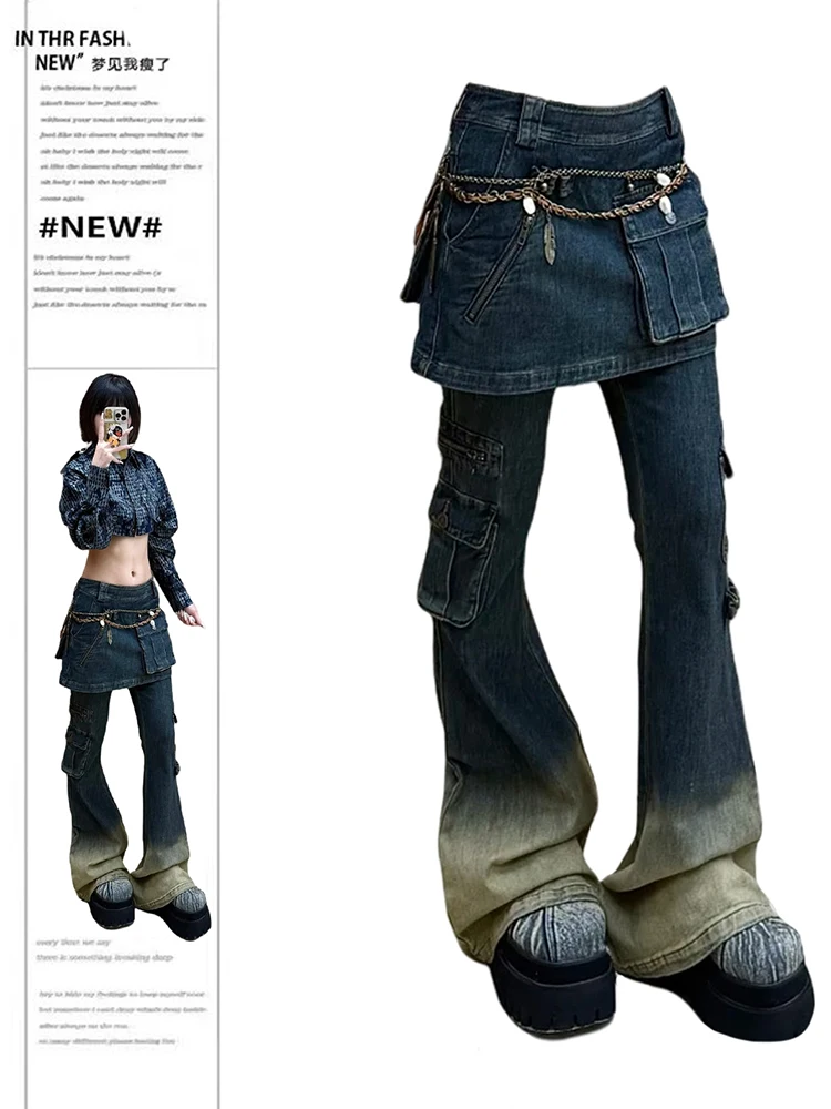 Women's Low Flare Jeans Cyber Punk Abi Y2k Japanese Fake Two Pieces Designer Harajuku Goblin Core Long Trousers Denim Pants Bell