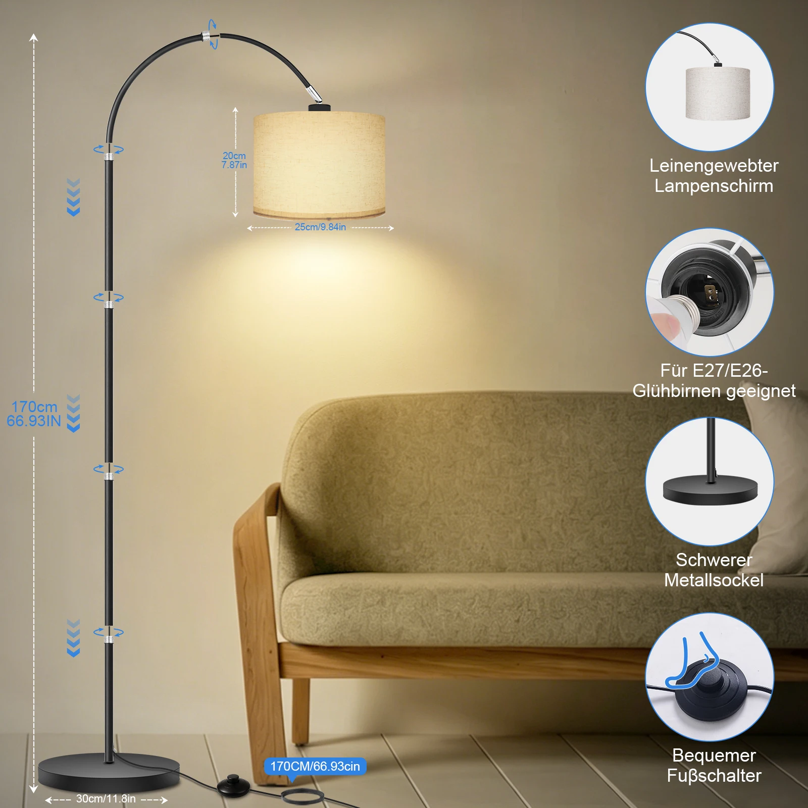 Obrázek 5: 170cm oblouk podlaha lampa s prádlo stín E27 12W 3000K LED žárovka v ceně noha spínač dívat se na lehký pro ložnice žití pokoj