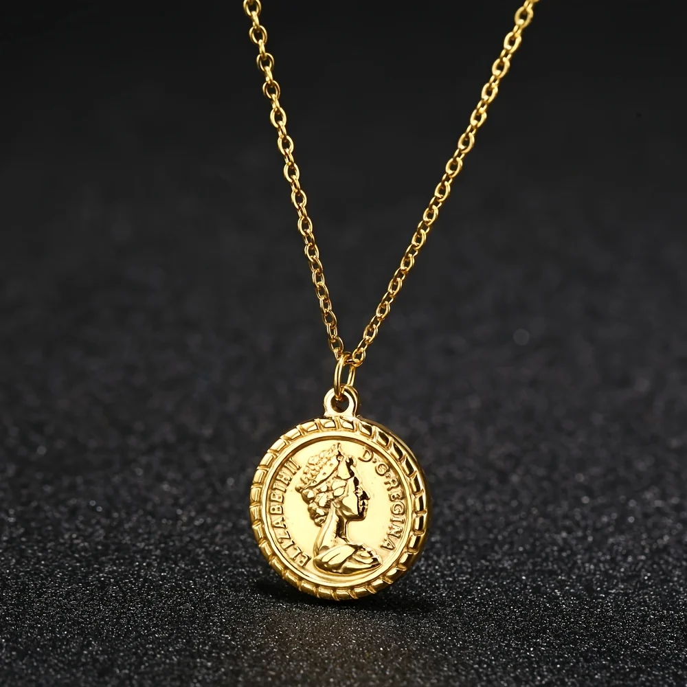 Stainless Steel Gold Plated Women Delicate Elizabeth Head Round Coin Pendant Necklace Jewelry Gift