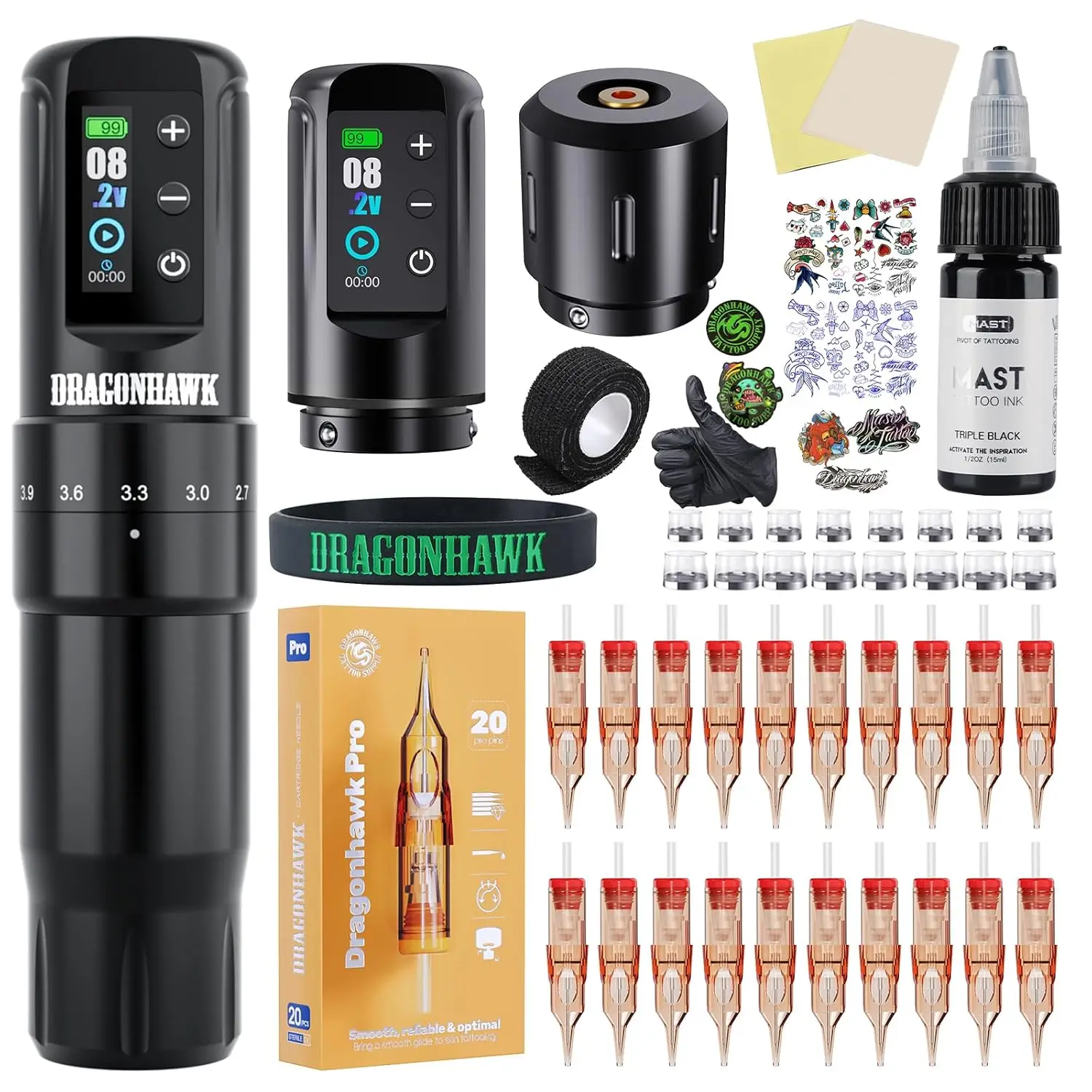 

Dragonhawk Wireless Tattoo Machine Pen Guns Full Kit 7 Strokes 2000mAh Battery Tattoo Supplies for Beginner or Pro Body Artist