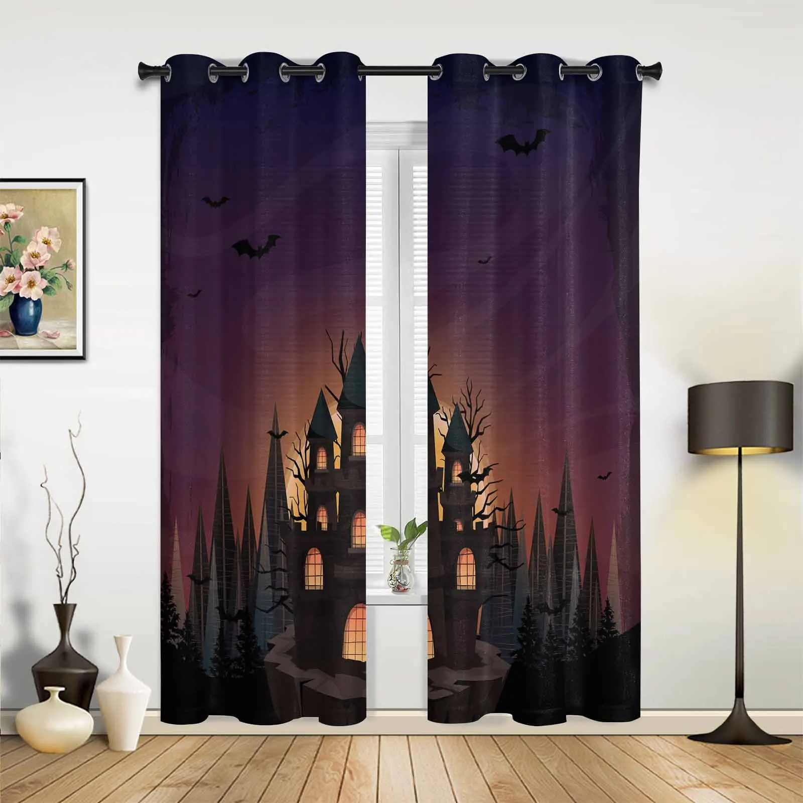 Halloween Castle Pumpkin Retro Bat Grove Modern Panels Hall Curtains for Living Room Bedroom Window Curtains Hotel Drapes