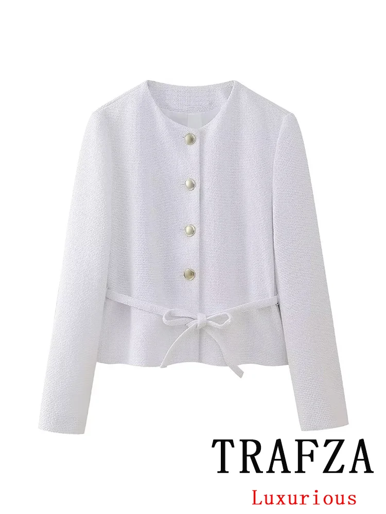 TRAFZA Vintage Chic Casual Women Blazer Solid Single Breasted Sashes Long Sleeve Blazer Fashion 2024 Spring Office Lady Blazers