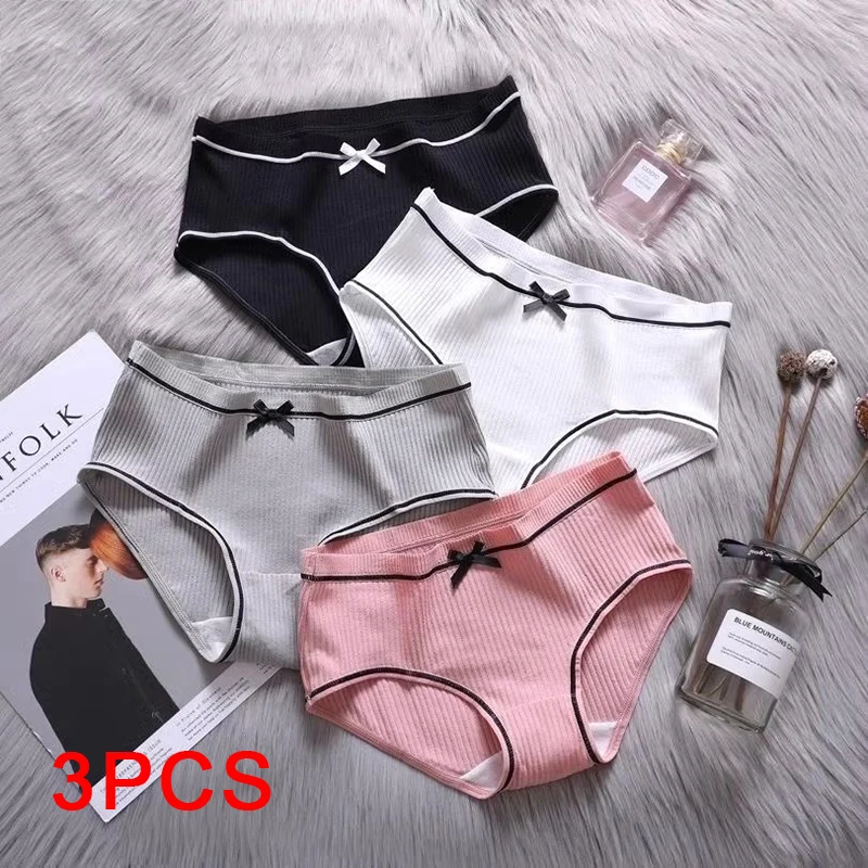 3PCS Sexy Panties Cute Female Underwear Mid-rise Lingerie Comfortable Briefs Bow Tie Girl Breathable Women's plus size Intimates