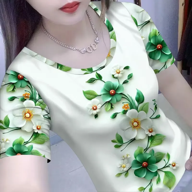 Summer New Style Women's Short Sleeve T-shirt Printed High-end Label Removed Belly Covering Fashionable Casual Fit Polyester ...