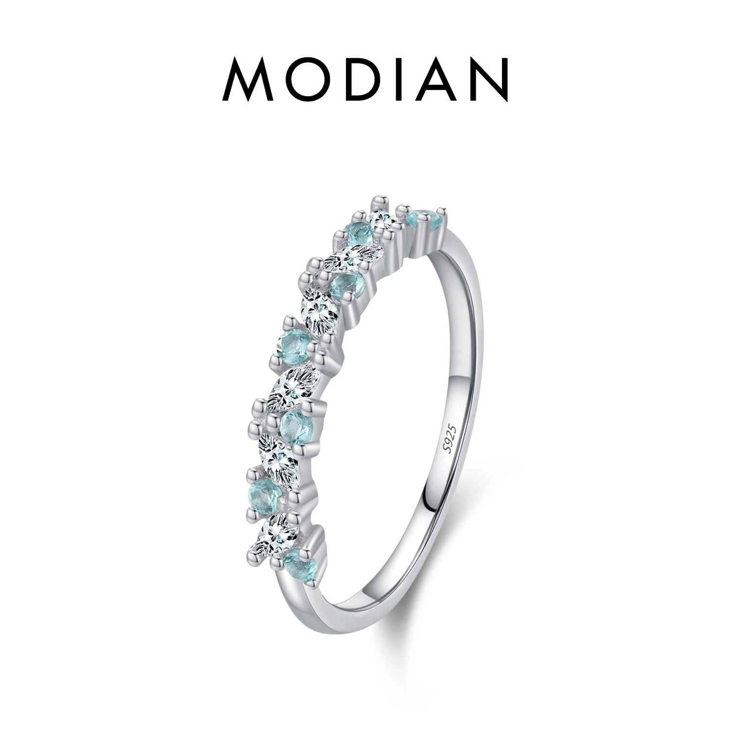 MODIAN 925 Sterling Silver Exquisite Eternity Band Paraiba Color CZ Ring Mint Green Stackable Rings For Women Fine Jewelry image 3