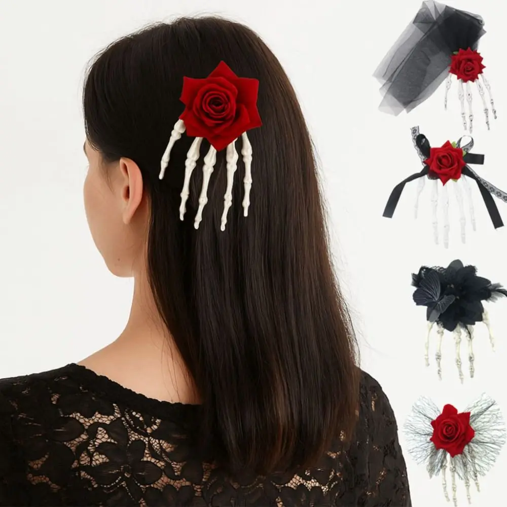 

Cloth Ghost Claw Hair Clip Flower Cosplay Supply Skeleton Hand Rose Hairpin Halloween Toy Skeleton Halloween Headwear Girls