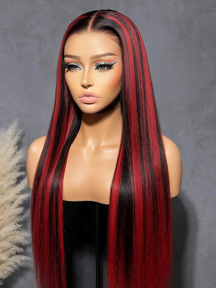 アップグレードされた1B/99Jノーシルクハイライトウィッグ、ボーンストレート5x5グルーレス人毛ウィッグ、30インチオンブレブラック、レッドレースクロージャーウィッグ