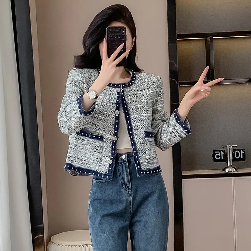 Grey women's coarse tweed round neck jacket 2025 new spring and autumn small fragrance woven belt temperament top