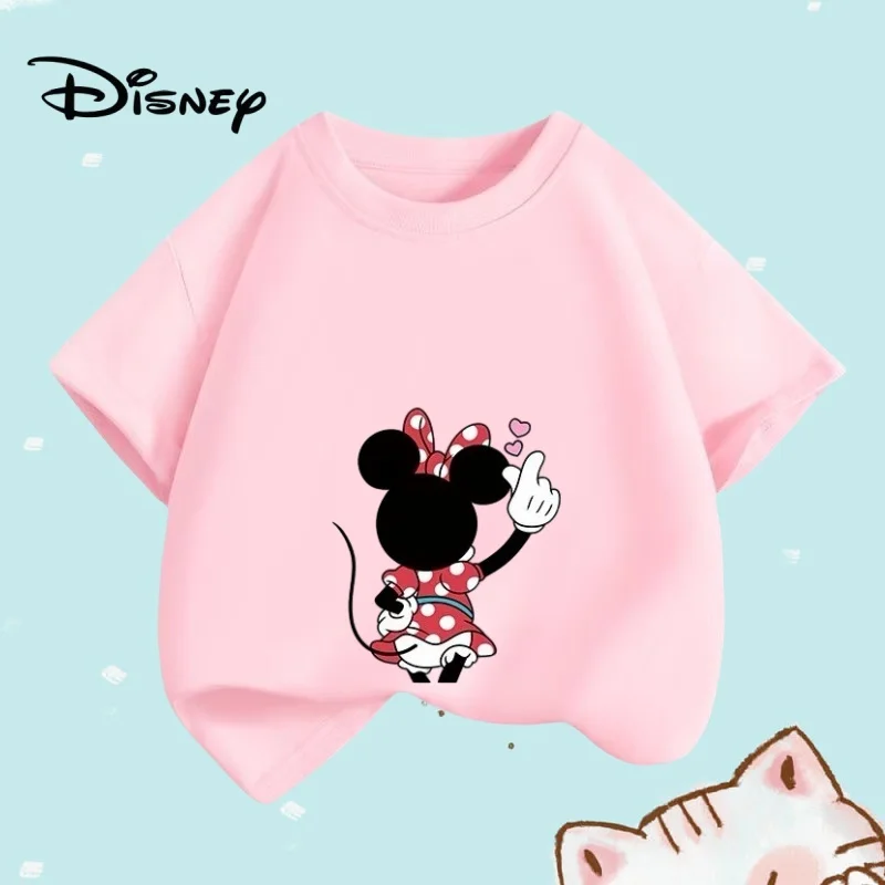 

Летняя детская хлопковая одежда для девочек, футболки с принтами мультфильмов Disney Happy Minnie, модный топ с короткими рукавами и круглым вырезом для девочек