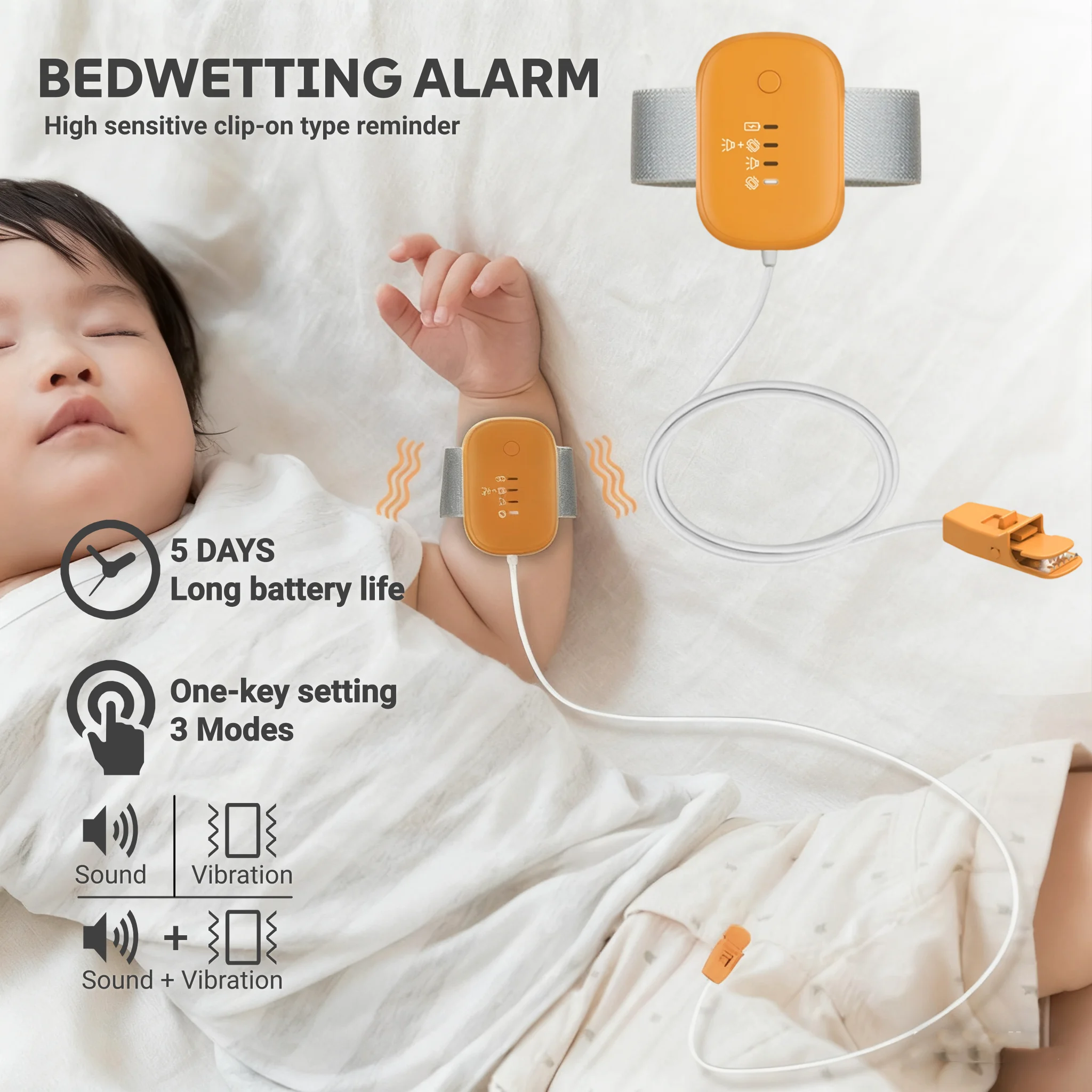 Wired Bedwetting Alarm Enuresis Alarm for Baby and Elder USB Rechargeable Urine Reminder with Clip Sensor Kids Potty Training