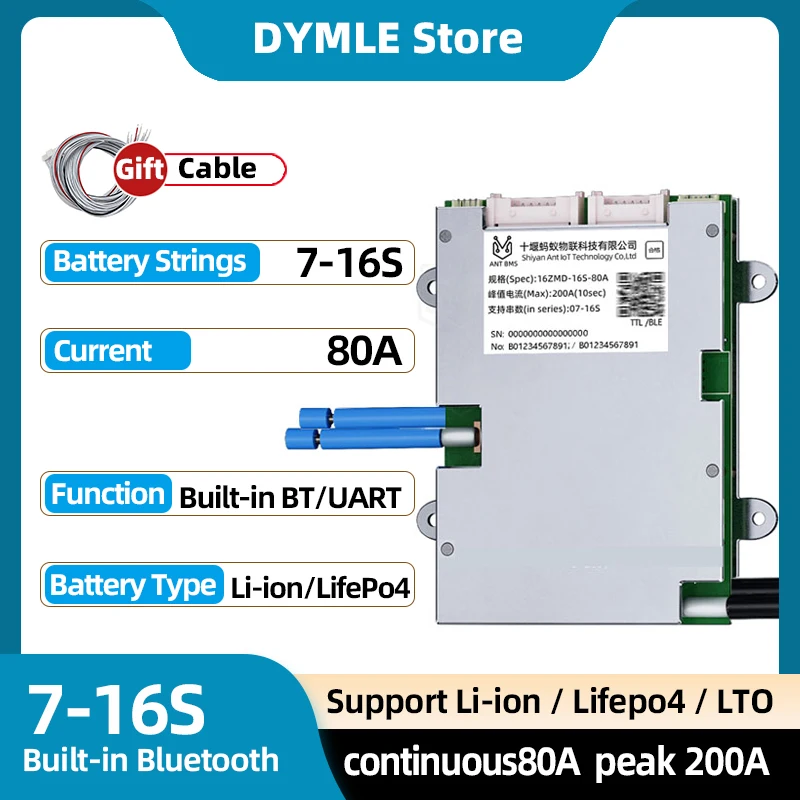 

7-16S Li-ion Lifepo4 Lto Battery ANT Smart BMS 24V 36V 48V 9S 11S 16S Bluetooth APP Continuous 80A peak 200A Smart Balance Board