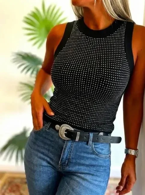 

Women's Casual Rhinestone Decor O-Neck Sleeveless Knit Tee Women Daily Clothing New Style Fashion Sexy Female Slimming Tank Top