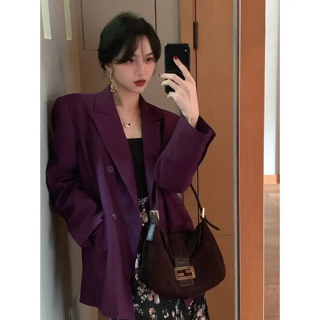 블레이저 Vintage fioletowa marynarka damska kurtka z długim rękawem biurowa, damska koreańska moda płaszcz luksusowej marki garnitury płaszcze