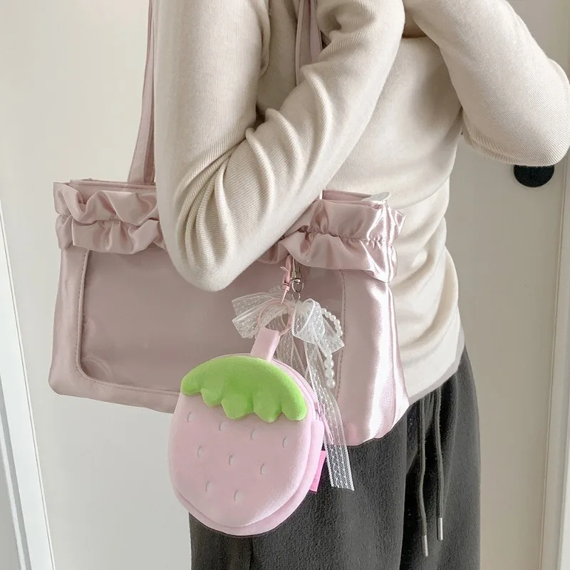 Kawaii Strawberry Earphone Bag Student Kpop Photo Card Holder Portable Earphone Storage Pouch with Keychain Cute Key Holder