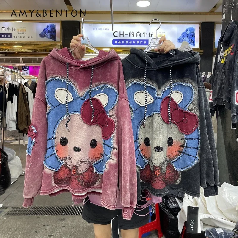 Heavy Industry Patchwork Cartoon Washed Vintage Hoodie Autumn New Loose Slimming Versatile Pullover Top Long-sleeves Sweatshirts