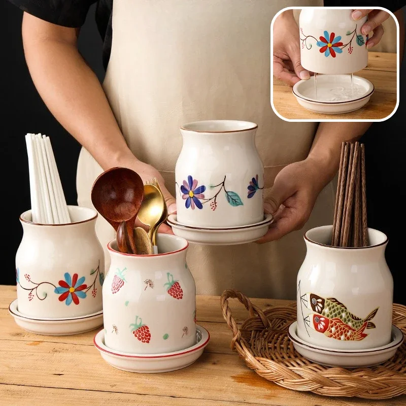 Nordic Retro Ceramic Chopstick Storage Holder Antifungal Drainage Design Cutlery Knife Spoon Fork Organizer Kitchen Tool Rack