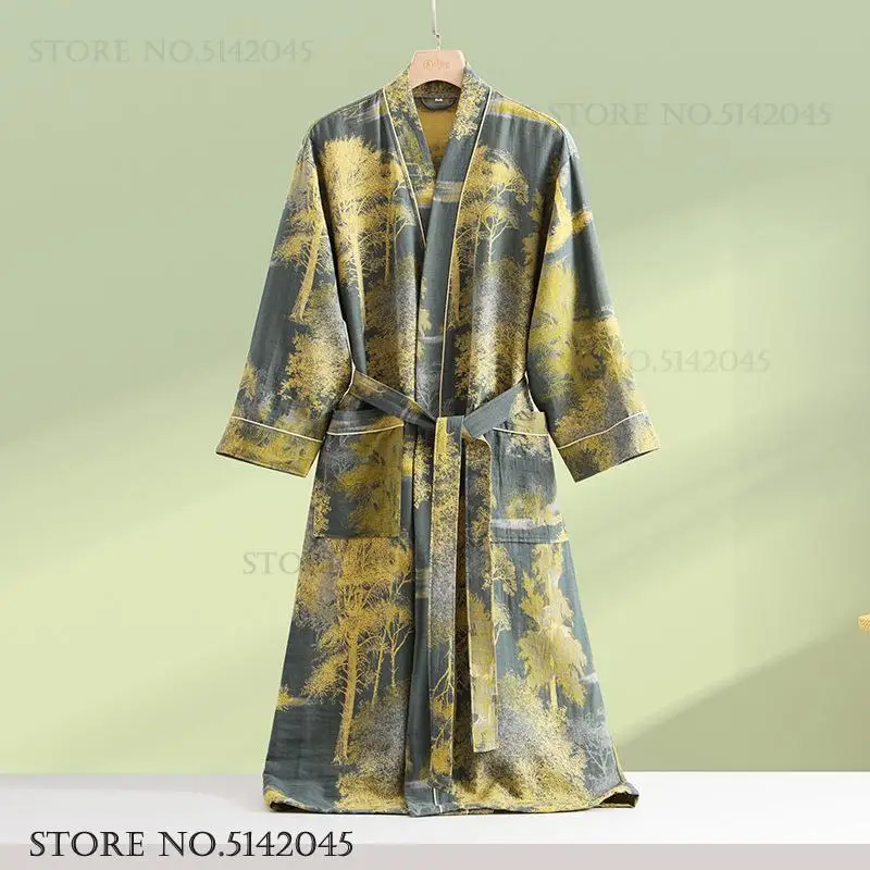 Double Layered Cotton Robe Home Dress Breathable Comfortable Kimono Bathrobe Gown Print Flower Yukata Nightgown Couple Sleepwear