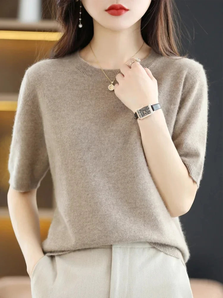 2024 Spring Summer Womens Sweater Short Sleeve O-neck Slim Fit Knitted Pullovers Bottoming Casual Knitwear Camel Pink Clothes