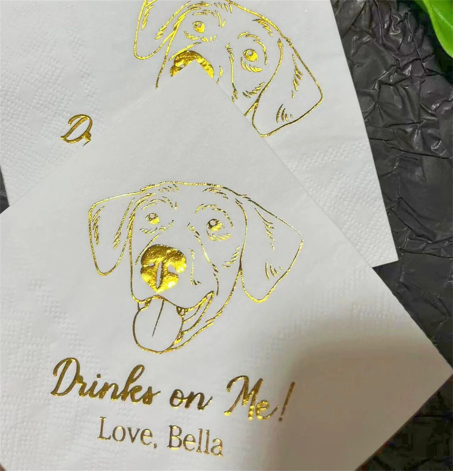 50 PCS Custom Illustrated Dog Foil Wedding Napkins, Personalized Pet Cocktail Napkins, Custom Pet Party Napkins, Dog Gold Foil B