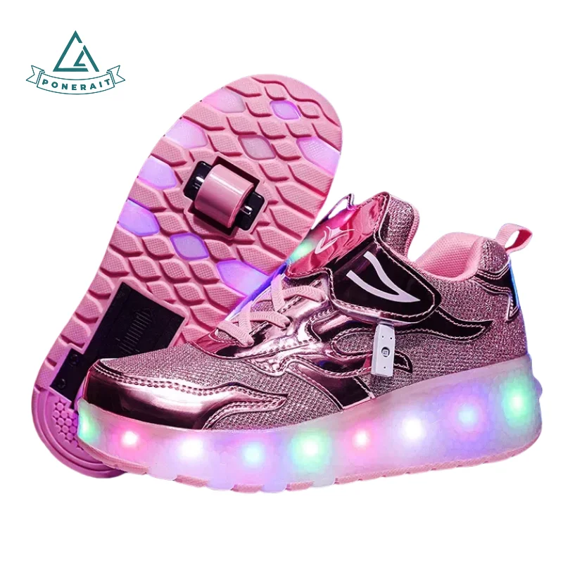 

PONERAIT Kids Gift Roller Skates with Removable Wheels - Upgraded Colorful USB charging LED Lights Unisex Leather Skates
